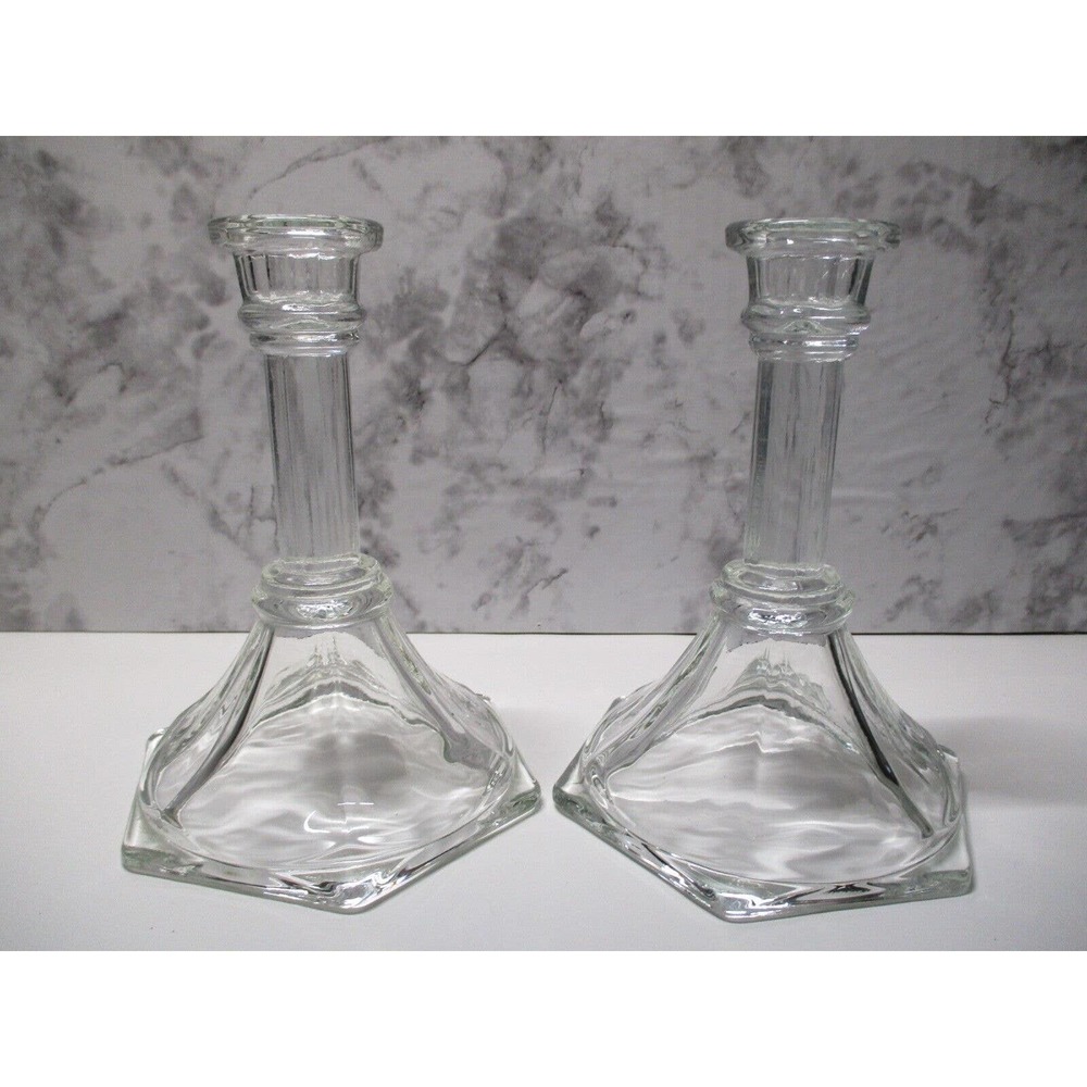 (2) Vintage Clear Glass Candleholders H 6"/15.24cm Taper Home Interiors Art Deco - Picture 5 of 6